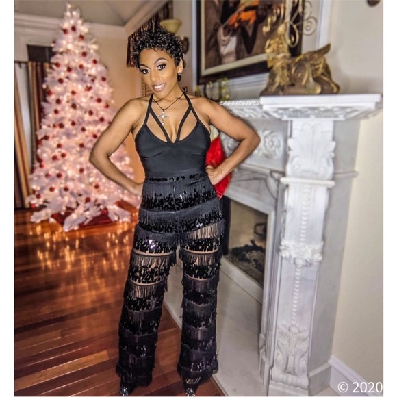 Gold Label Wow Couture Fringe Sequin Mesh Black Halter Top Jumpsuit: Size Small - Picture 9 of 13